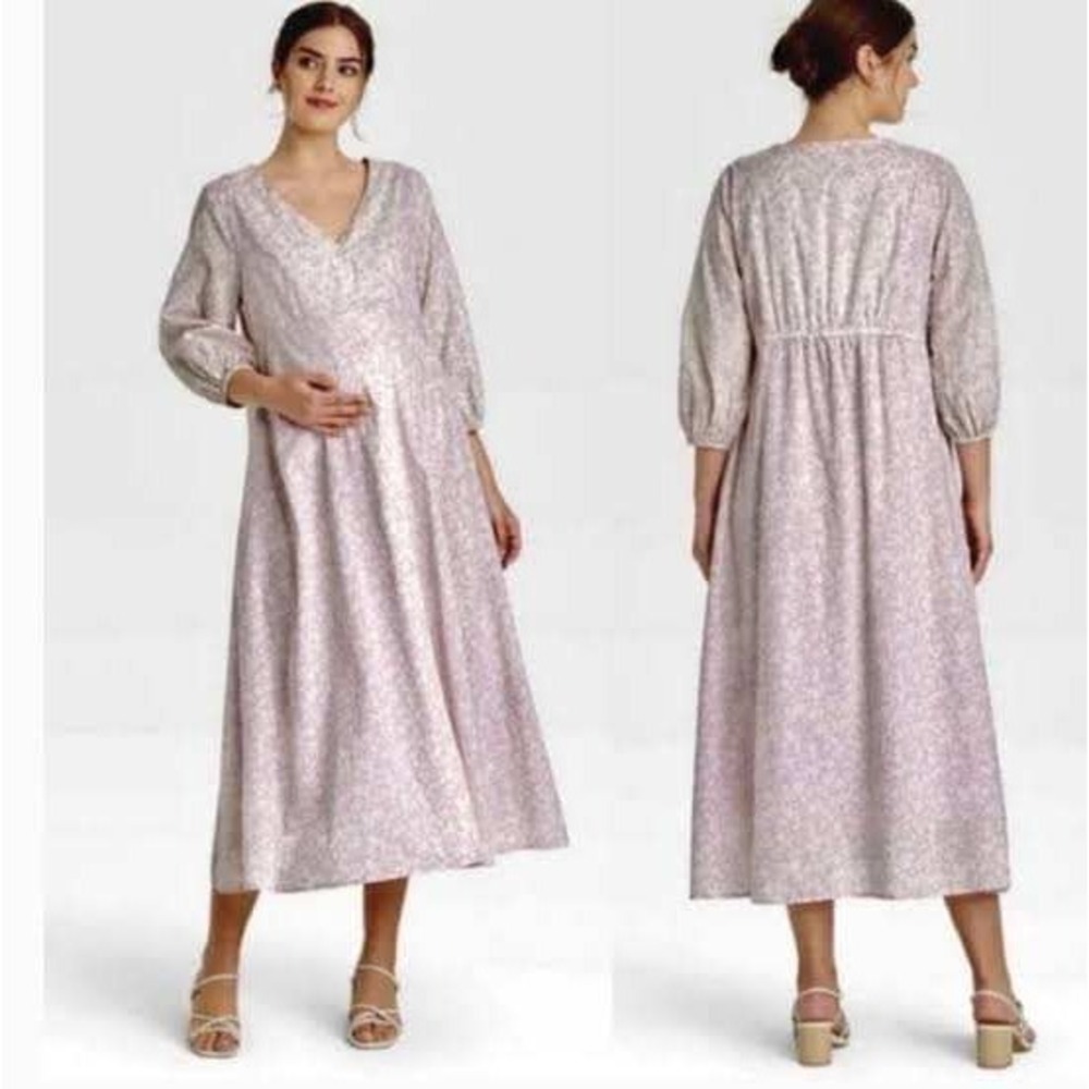 The Nines by Hatch Lavender Floral Cotton Maxi Dress V-Neck Maternity Large